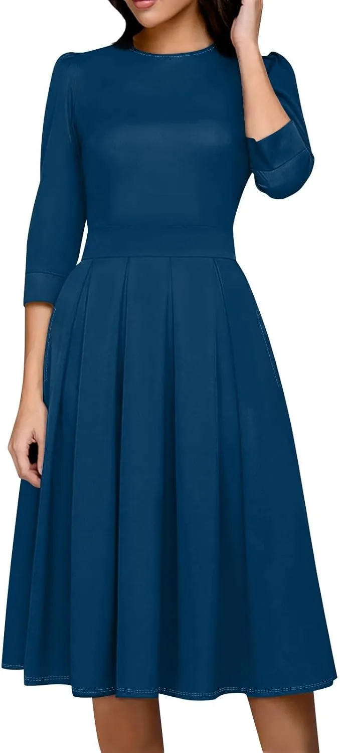 Summer Fall Long Sleeve Formal Midi Dress for Women Trendy Smocked Flowy Casual 3/4 Sleeve Elegant Floral Dress