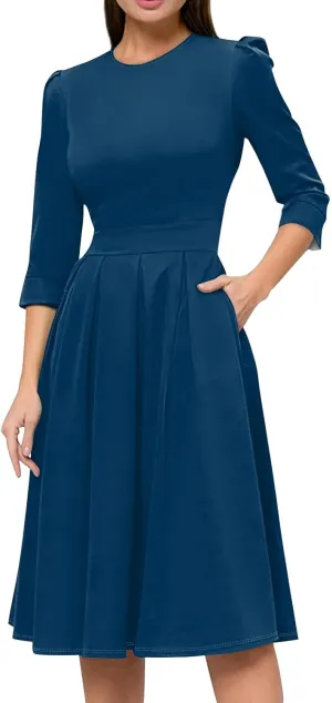 Summer Fall Long Sleeve Formal Midi Dress for Women Trendy Smocked Flowy Casual 3/4 Sleeve Elegant Floral Dress