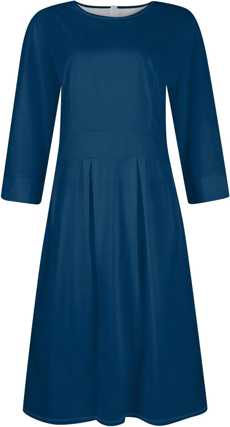 Summer Fall Long Sleeve Formal Midi Dress for Women Trendy Smocked Flowy Casual 3/4 Sleeve Elegant Floral Dress