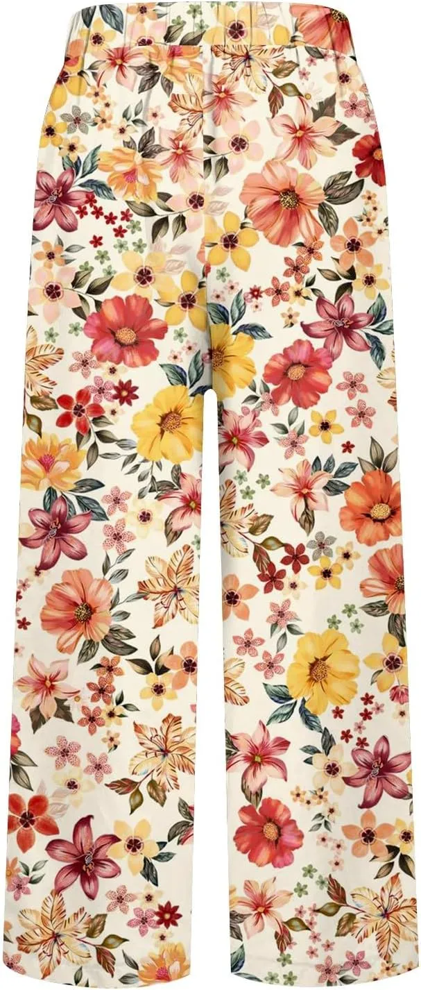 Summer Linen Pants for Women Wide Leg Boho Floral Printed Pants Drawstring Loose Fit Palazzo Trousers with Pockets