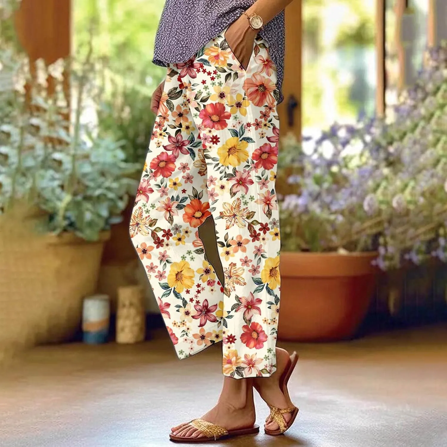 Summer Linen Pants for Women Wide Leg Boho Floral Printed Pants Drawstring Loose Fit Palazzo Trousers with Pockets
