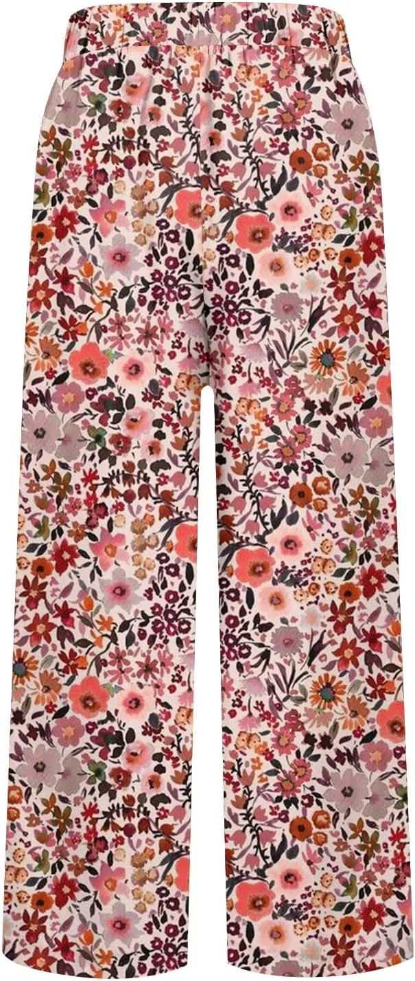 Summer Linen Pants for Women Wide Leg Boho Floral Printed Pants Drawstring Loose Fit Palazzo Trousers with Pockets