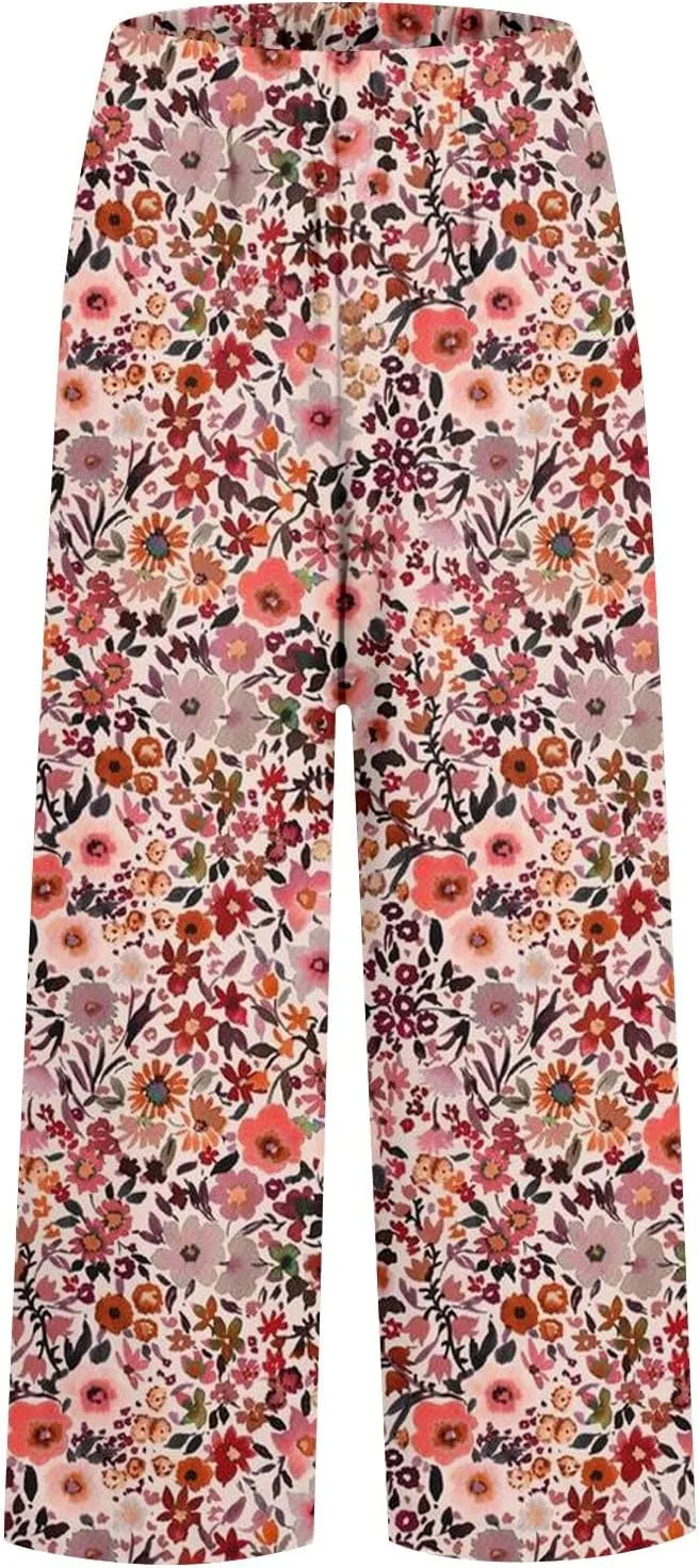Summer Linen Pants for Women Wide Leg Boho Floral Printed Pants Drawstring Loose Fit Palazzo Trousers with Pockets