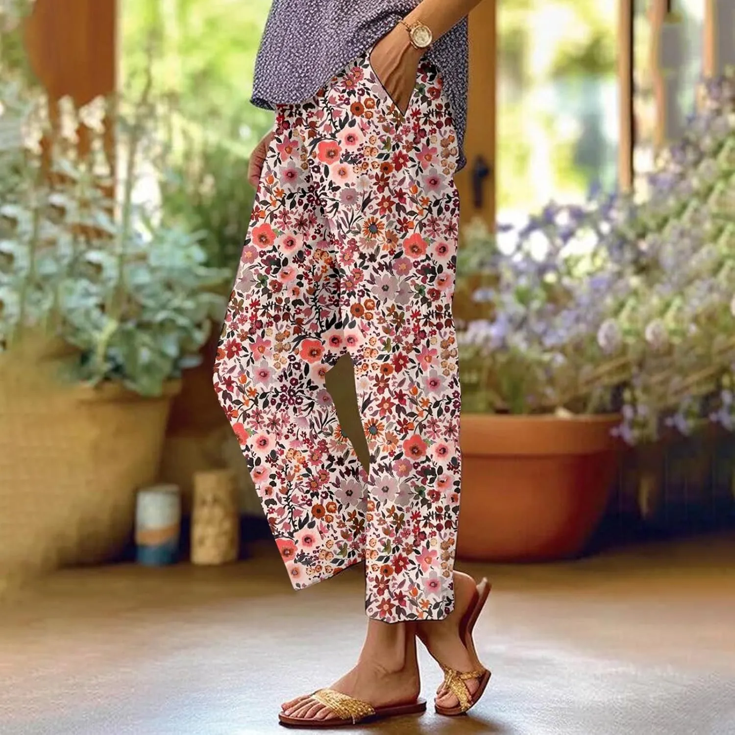 Summer Linen Pants for Women Wide Leg Boho Floral Printed Pants Drawstring Loose Fit Palazzo Trousers with Pockets