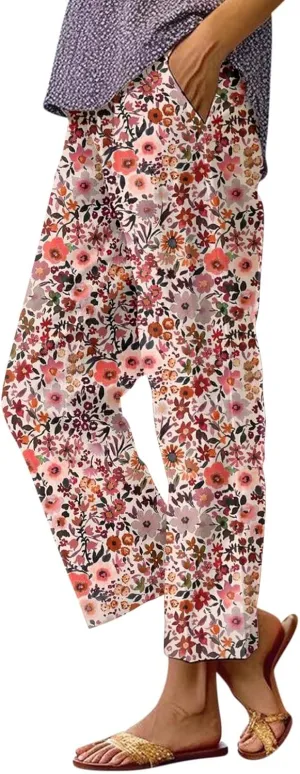Summer Linen Pants for Women Wide Leg Boho Floral Printed Pants Drawstring Loose Fit Palazzo Trousers with Pockets