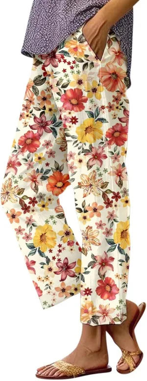 Summer Linen Pants for Women Wide Leg Boho Floral Printed Pants Drawstring Loose Fit Palazzo Trousers with Pockets