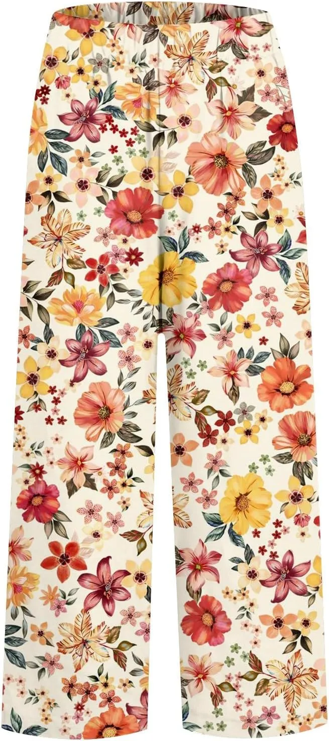 Summer Linen Pants for Women Wide Leg Boho Floral Printed Pants Drawstring Loose Fit Palazzo Trousers with Pockets