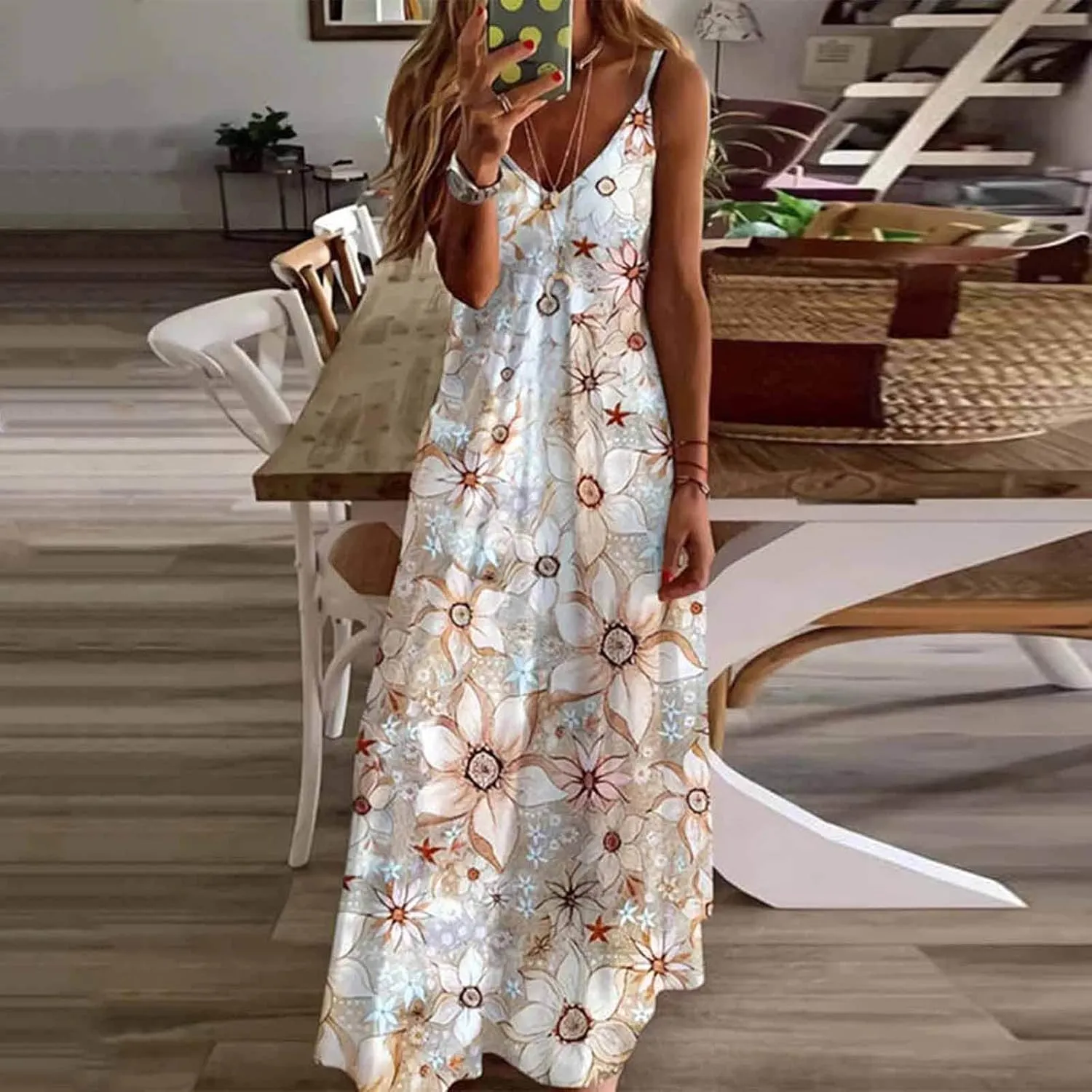 Sun Dresses for Women Casual Floral Spaghetti Strap Sundress Summer Boho Floral Print V Neck Sexy Long Maxi Dress