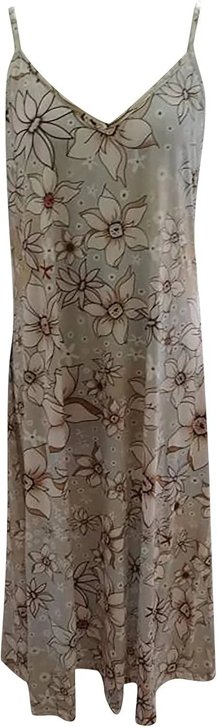 Sun Dresses for Women Casual Floral Spaghetti Strap Sundress Summer Boho Floral Print V Neck Sexy Long Maxi Dress