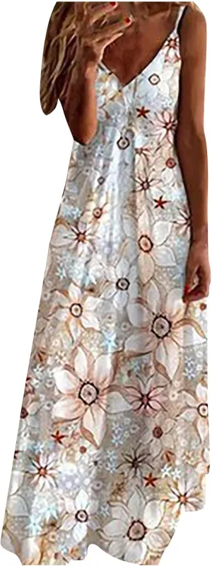 Sun Dresses for Women Casual Floral Spaghetti Strap Sundress Summer Boho Floral Print V Neck Sexy Long Maxi Dress