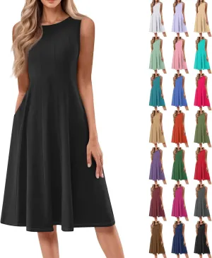 Sundresses for Women Sleeveless Tank Dress Casual Summer Flowy A Line Pleated Midi Dresses Sundress with Pockets