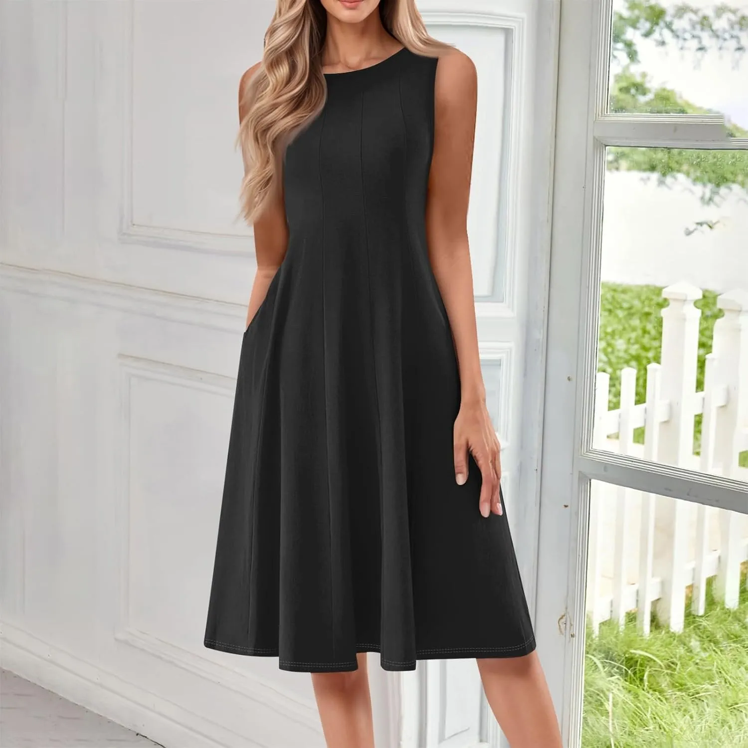 Sundresses for Women Sleeveless Tank Dress Casual Summer Flowy A Line Pleated Midi Dresses Sundress with Pockets