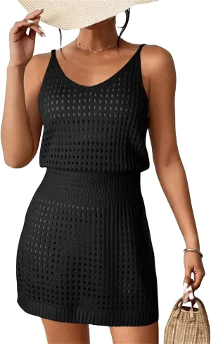 Swimsuit Coverup for Women Crochet Hollow Out Knit Beach Bathing Suit Swim Cover Ups Summer Mini Vacation Dresses