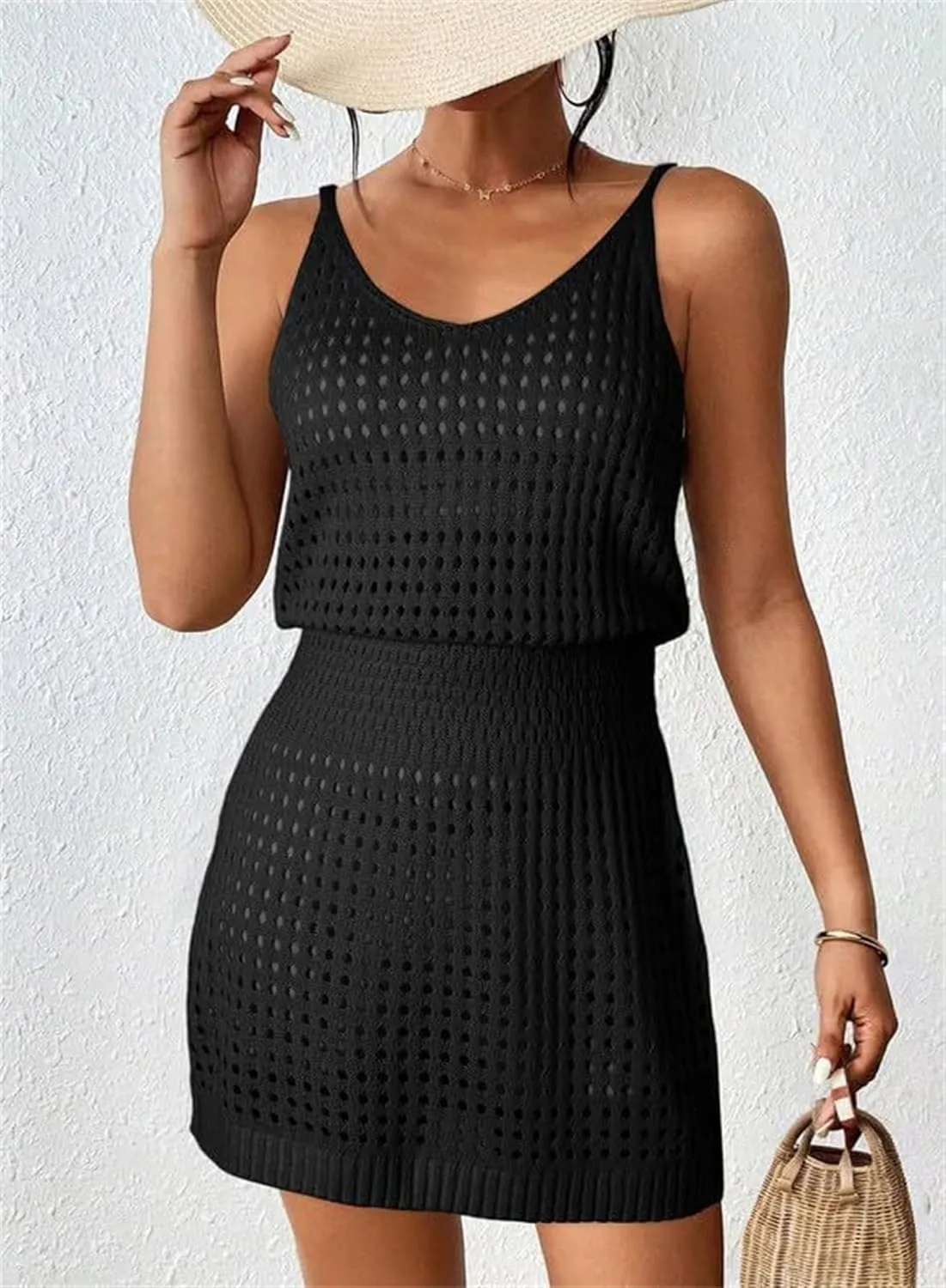 Swimsuit Coverup for Women Crochet Hollow Out Knit Beach Bathing Suit Swim Cover Ups Summer Mini Vacation Dresses