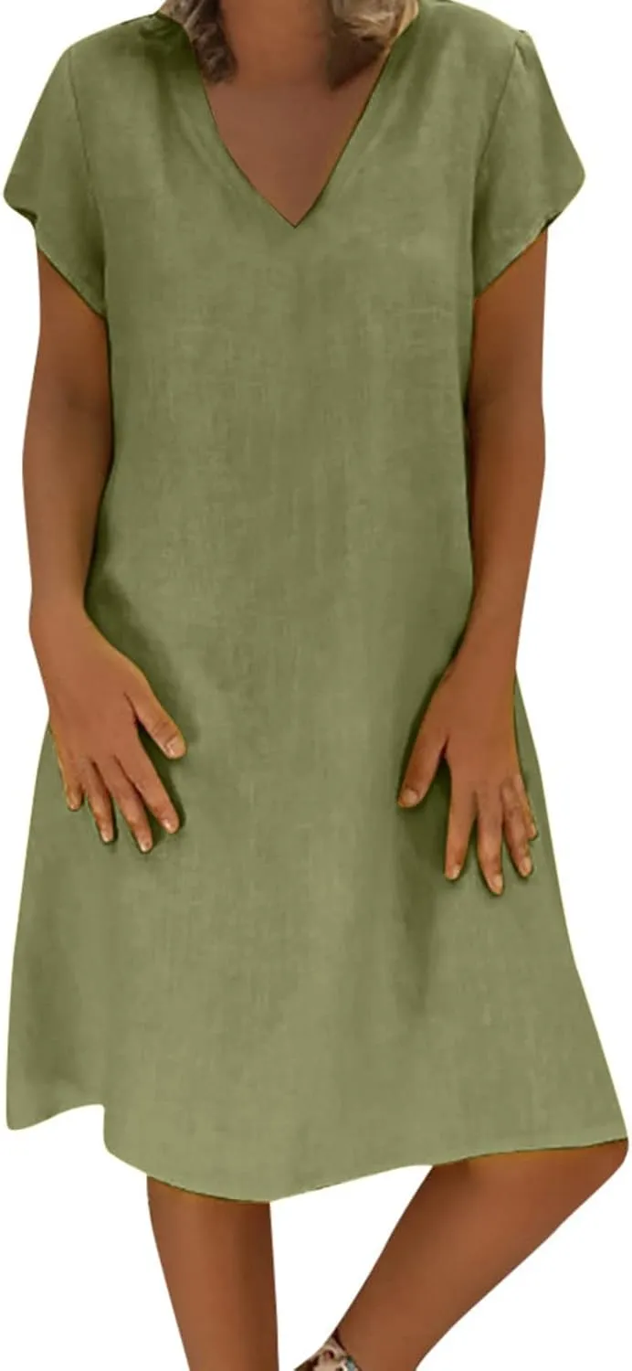 t Shirt Dresses for Women 2024 Cotton Linen Loose fit Knee Length Dresses Plus Size Short Sleeve Cover up Dresses