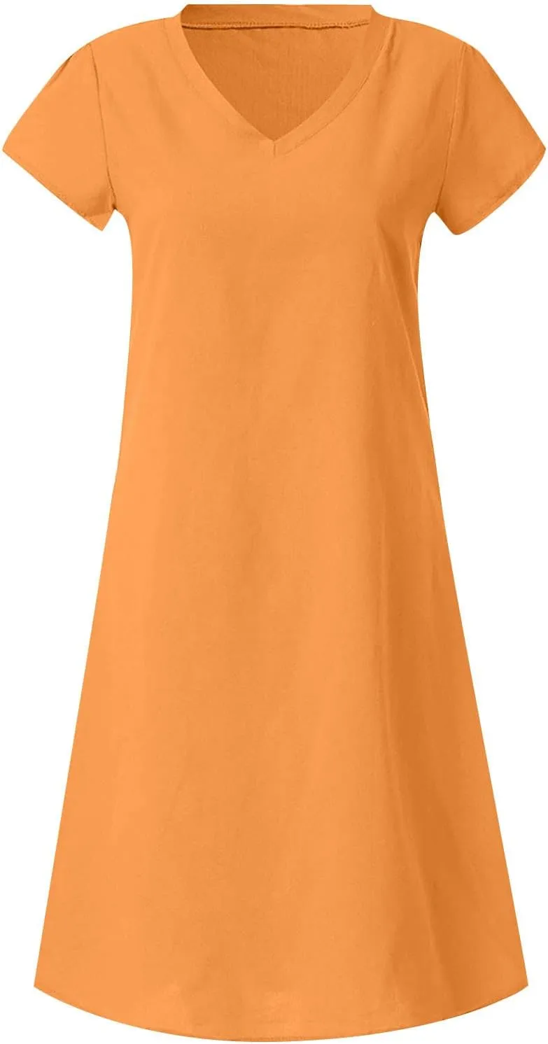 t Shirt Dresses for Women 2024 Cotton Linen Loose fit Knee Length Dresses Plus Size Short Sleeve Cover up Dresses