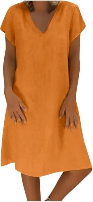 t Shirt Dresses for Women 2024 Cotton Linen Loose fit Knee Length Dresses Plus Size Short Sleeve Cover up Dresses