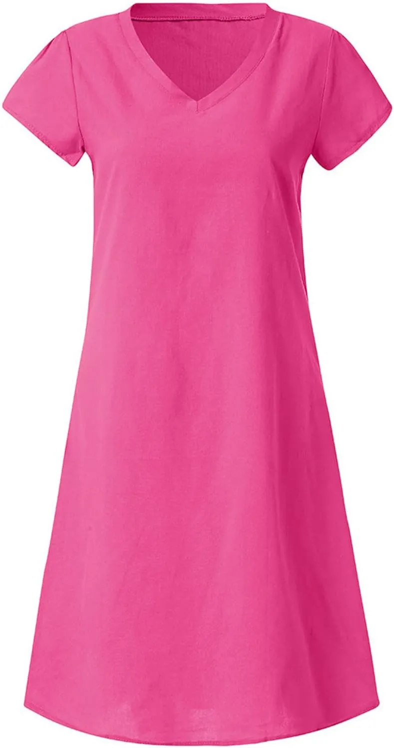 t Shirt Dresses for Women 2024 Cotton Linen Loose fit Knee Length Dresses Plus Size Short Sleeve Cover up Dresses