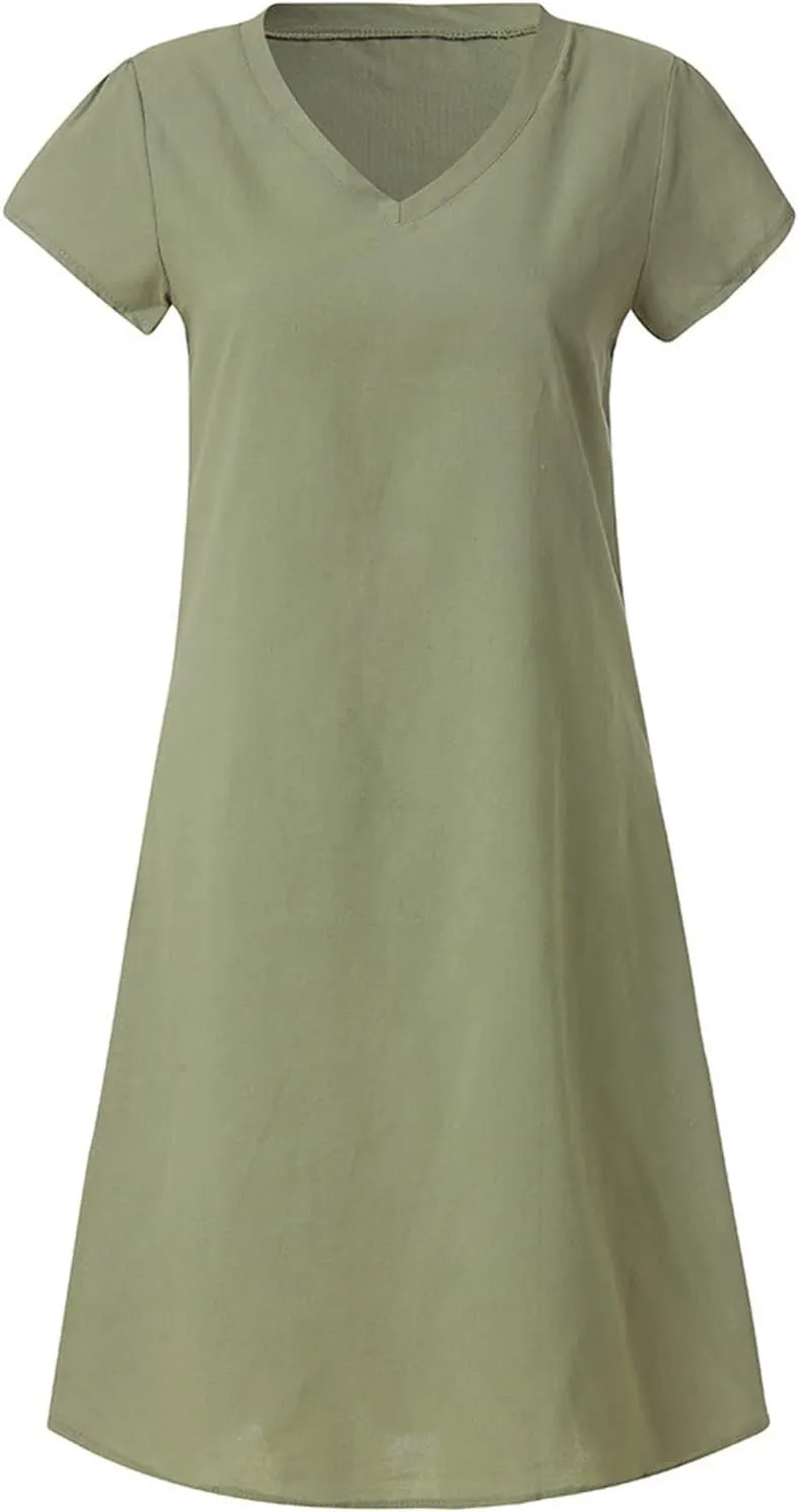 t Shirt Dresses for Women 2024 Cotton Linen Loose fit Knee Length Dresses Plus Size Short Sleeve Cover up Dresses