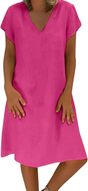 t Shirt Dresses for Women 2024 Cotton Linen Loose fit Knee Length Dresses Plus Size Short Sleeve Cover up Dresses
