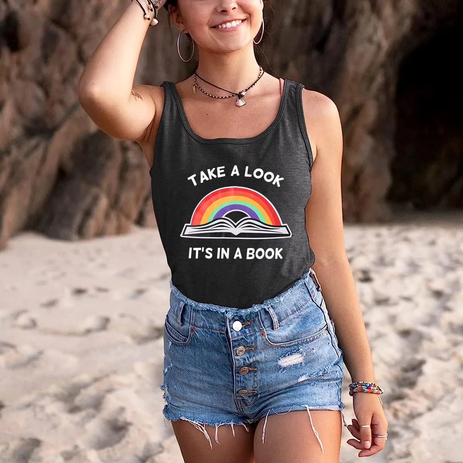 Take A Look Its in A Book T-Shirt Women Cute Book Lover Gift Teacher Shirt Reading Top Funny Letter Print Rainbow Graphic Tee