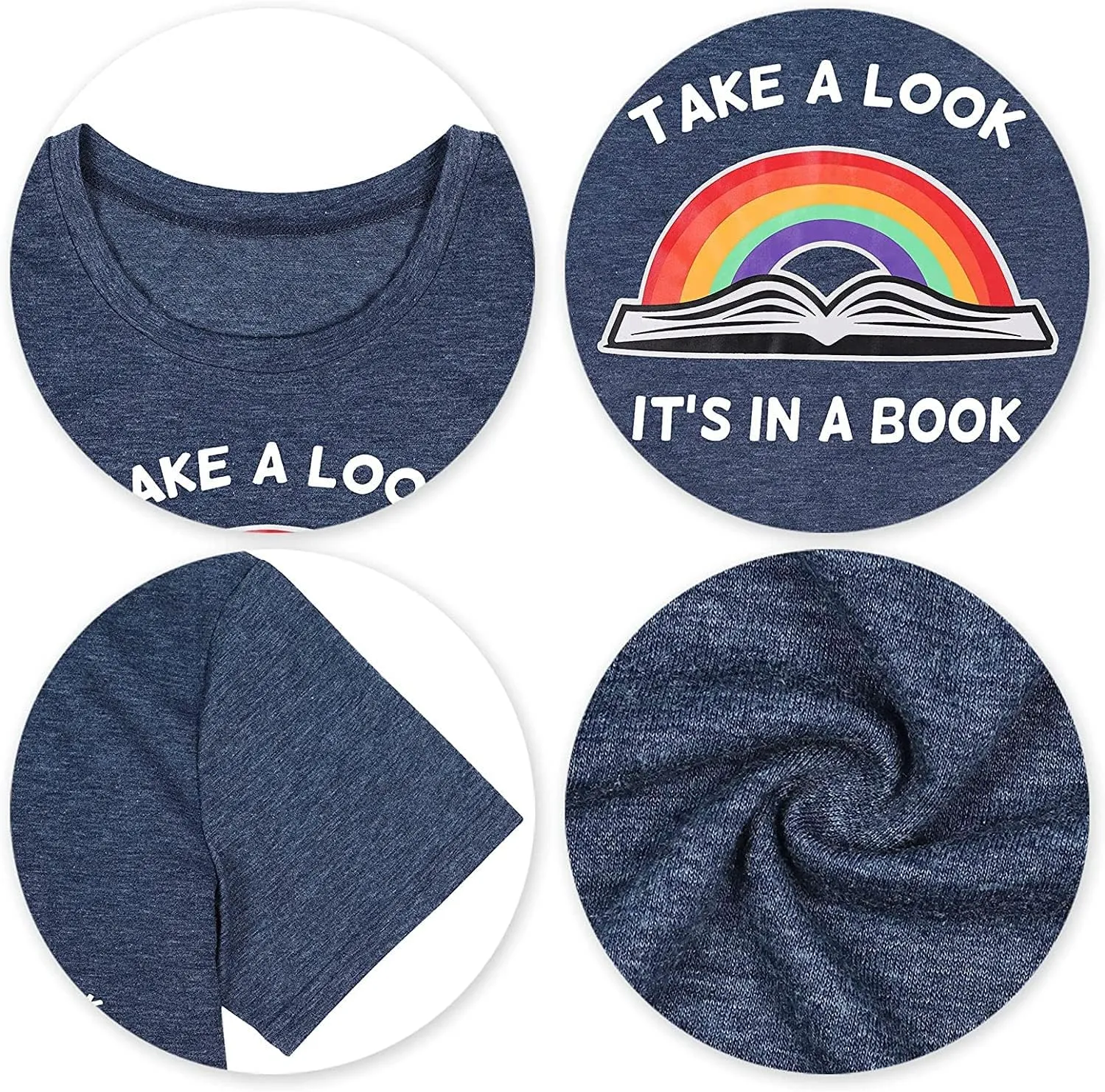 Take A Look Its in A Book T-Shirt Women Cute Book Lover Gift Teacher Shirt Reading Top Funny Letter Print Rainbow Graphic Tee