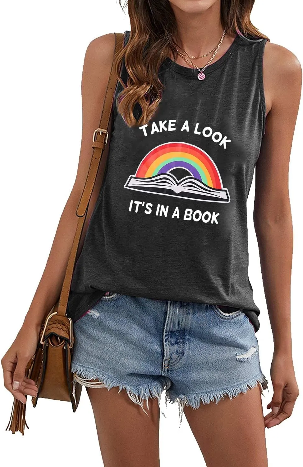 Take A Look Its in A Book T-Shirt Women Cute Book Lover Gift Teacher Shirt Reading Top Funny Letter Print Rainbow Graphic Tee
