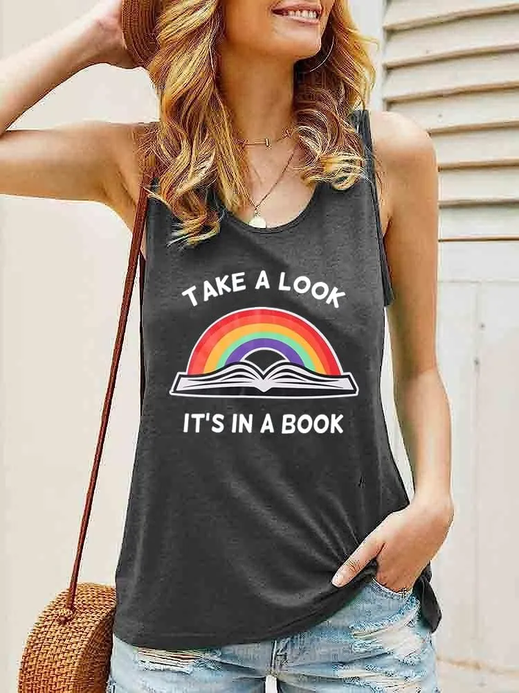 Take A Look Its in A Book T-Shirt Women Cute Book Lover Gift Teacher Shirt Reading Top Funny Letter Print Rainbow Graphic Tee
