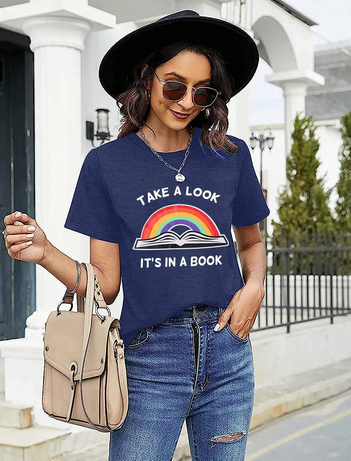 Take A Look Its in A Book T-Shirt Women Cute Book Lover Gift Teacher Shirt Reading Top Funny Letter Print Rainbow Graphic Tee