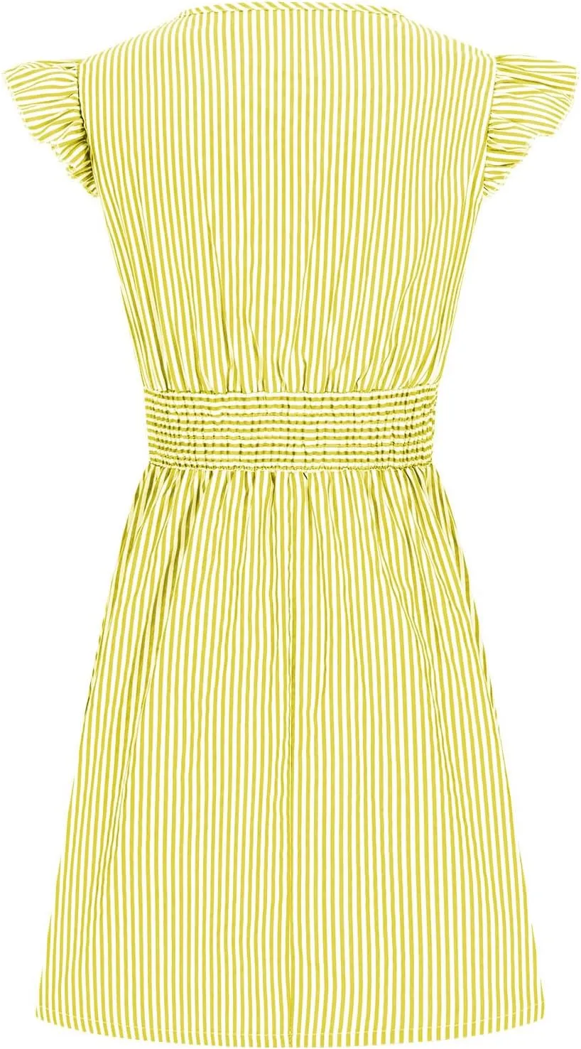 TANGNADE Women's Summer Midi Dress Striped Short Sleeve V Neck T Shirt Dresses Loose A Line Flowy Casual Beach Sundress