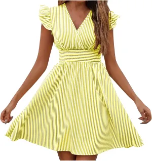 TANGNADE Women's Summer Midi Dress Striped Short Sleeve V Neck T Shirt Dresses Loose A Line Flowy Casual Beach Sundress