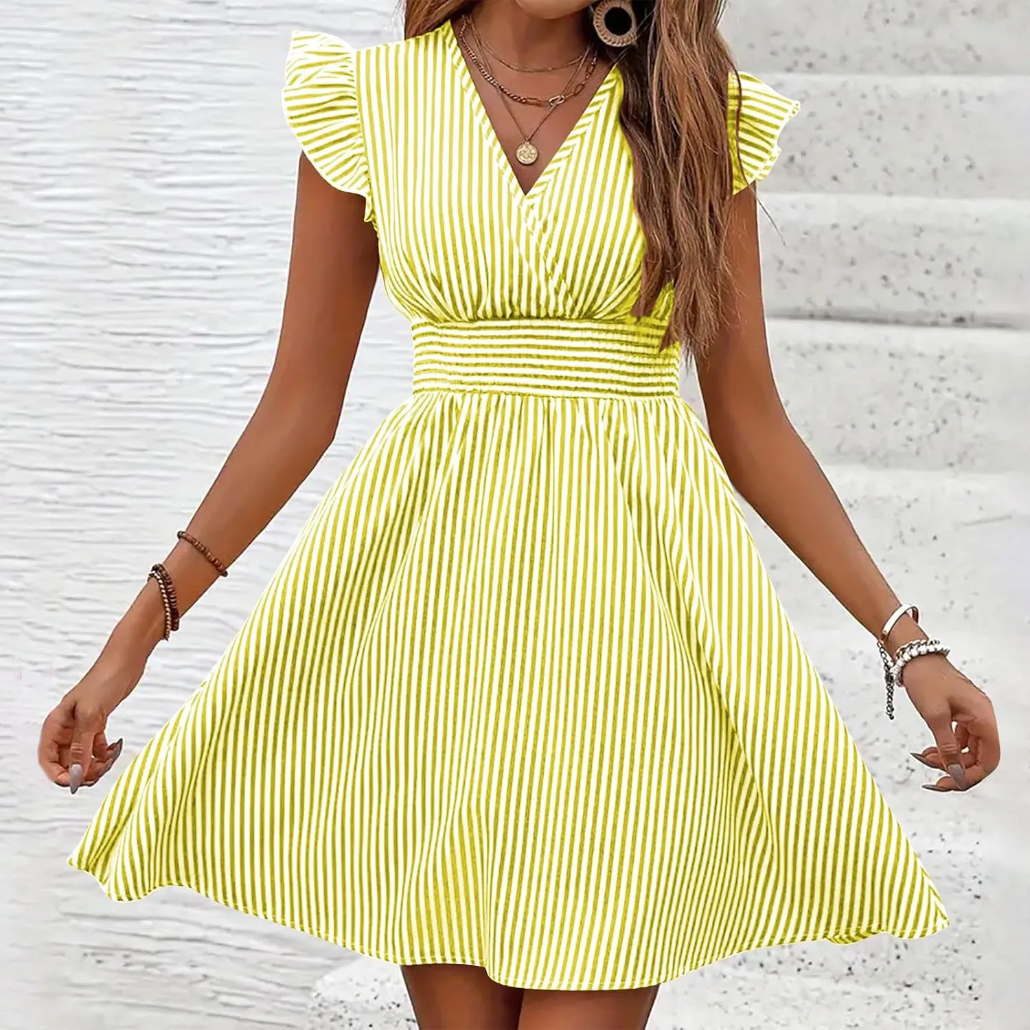 TANGNADE Women's Summer Midi Dress Striped Short Sleeve V Neck T Shirt Dresses Loose A Line Flowy Casual Beach Sundress