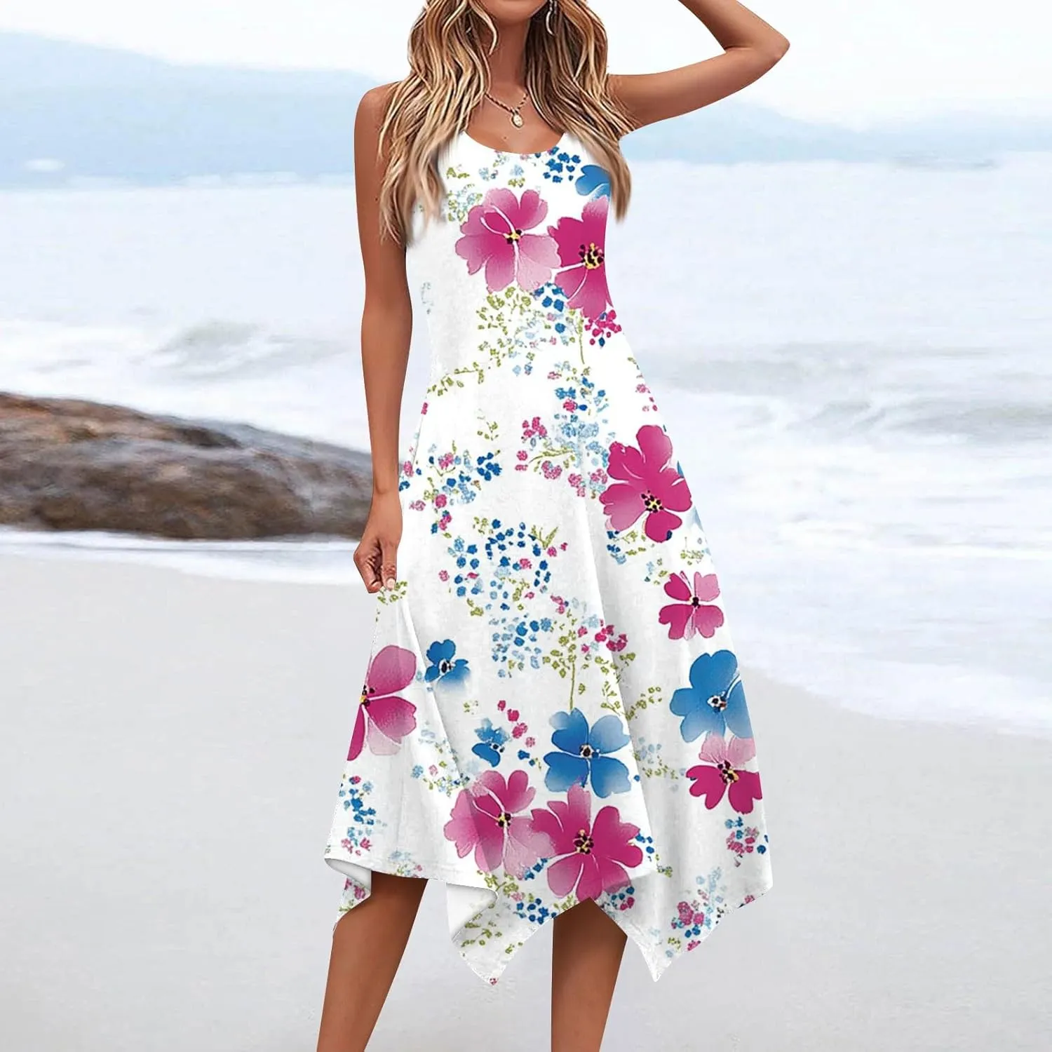 Tank Dress for Women Summer Midi Sleeveless Irregular Hem Midi Dress U-Neck Semi Formal Dresses A Line with Pockets