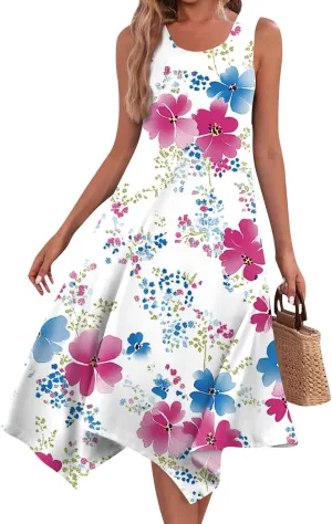 Tank Dress for Women Summer Midi Sleeveless Irregular Hem Midi Dress U-Neck Semi Formal Dresses A Line with Pockets