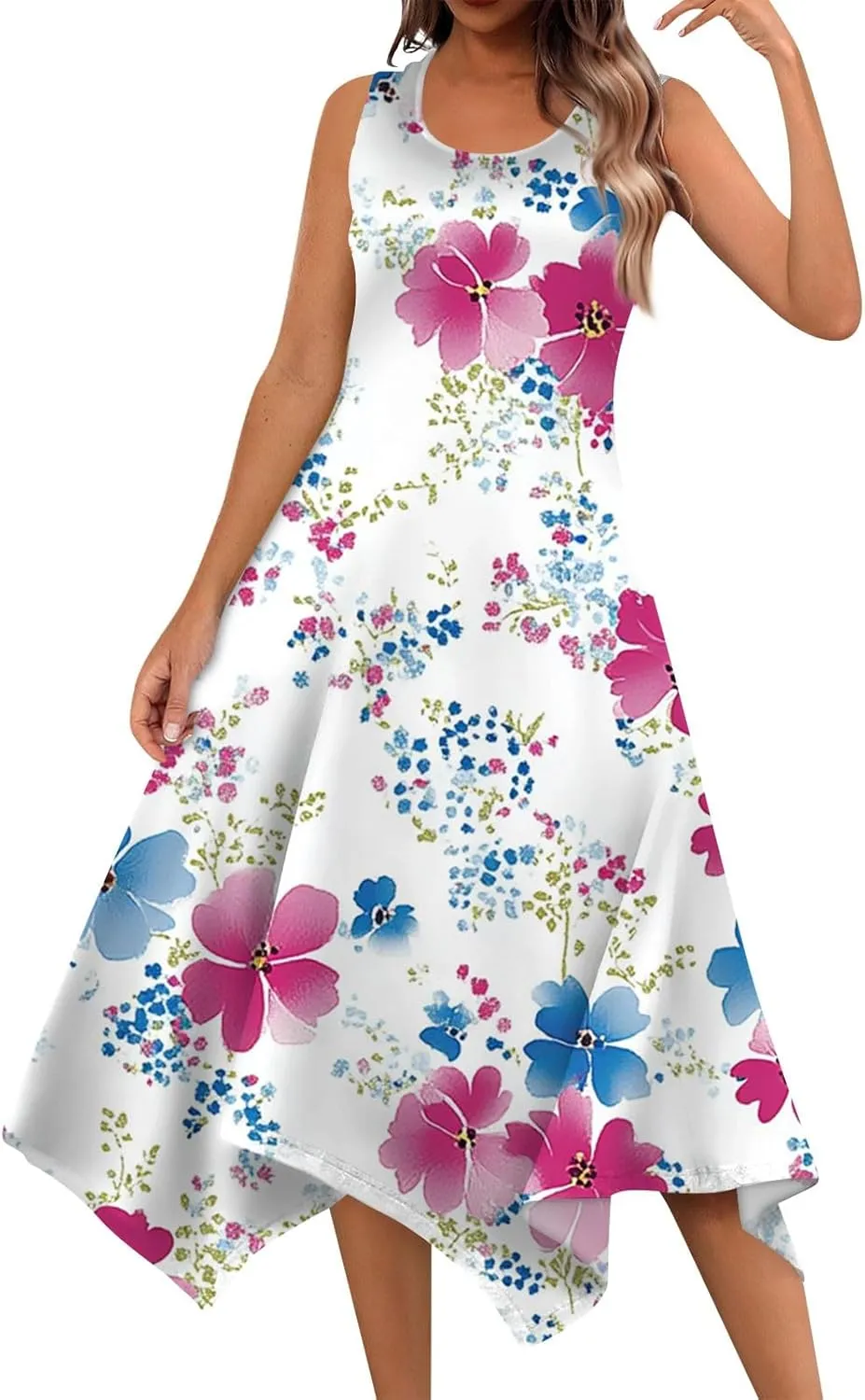 Tank Dress for Women Summer Midi Sleeveless Irregular Hem Midi Dress U-Neck Semi Formal Dresses A Line with Pockets