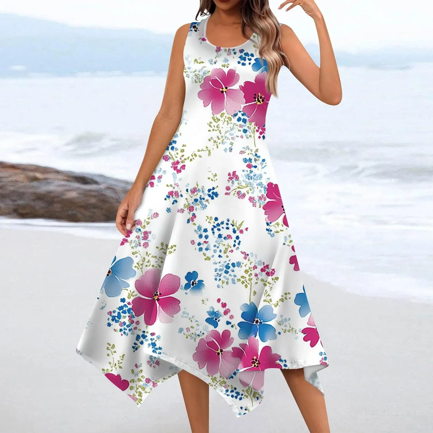 Tank Dress for Women Summer Midi Sleeveless Irregular Hem Midi Dress U-Neck Semi Formal Dresses A Line with Pockets