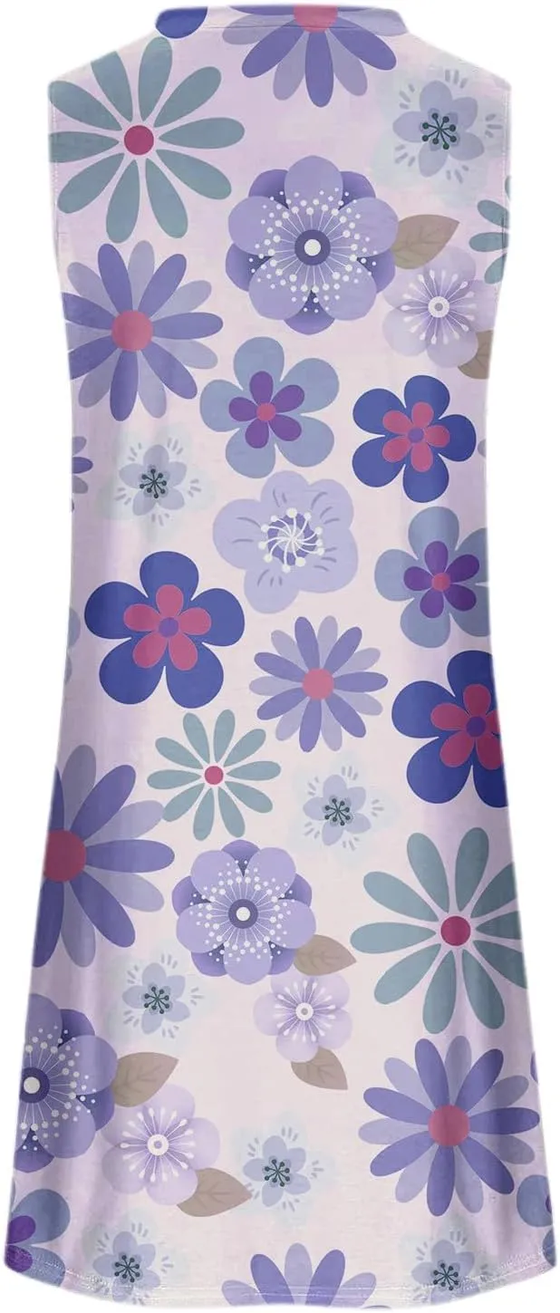 Tank Mini Dress for Women Casual Loose Sleeveless Crewneck Floral Dresses Beach Summer Vacation Short Sundress
