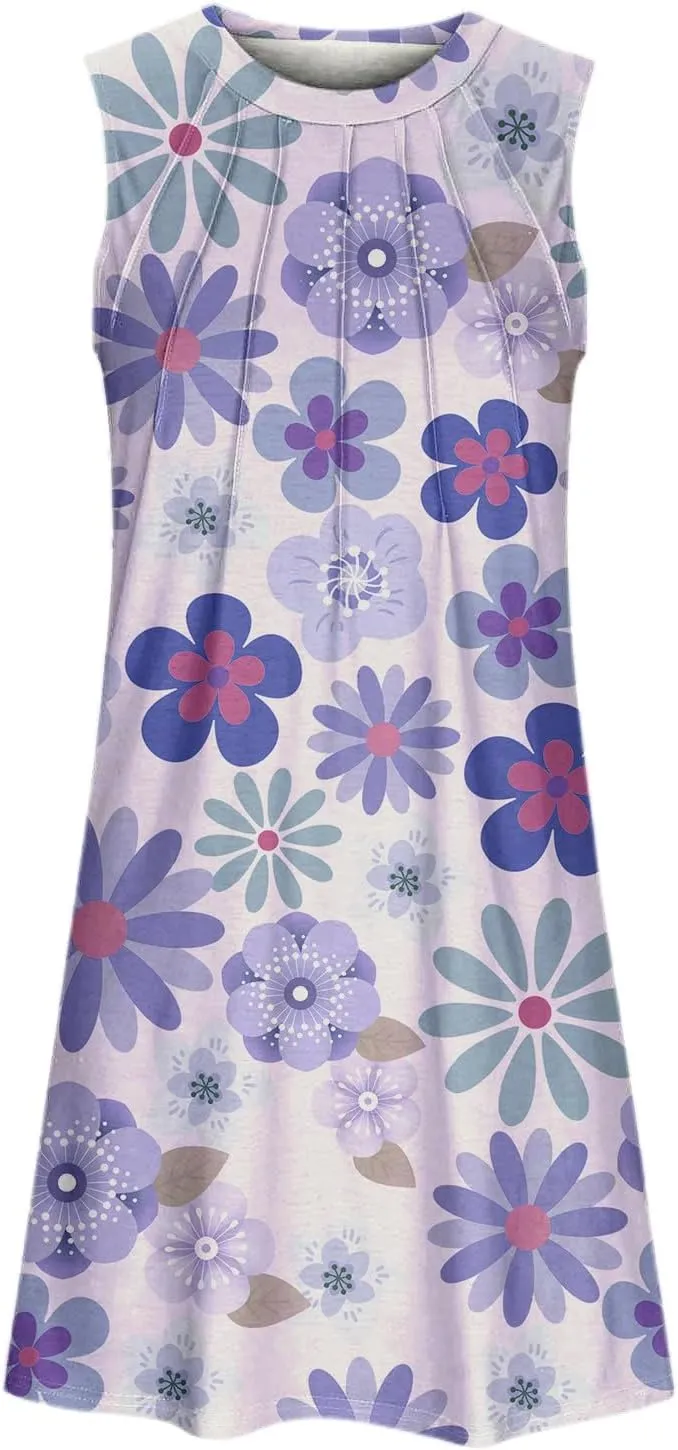 Tank Mini Dress for Women Casual Loose Sleeveless Crewneck Floral Dresses Beach Summer Vacation Short Sundress