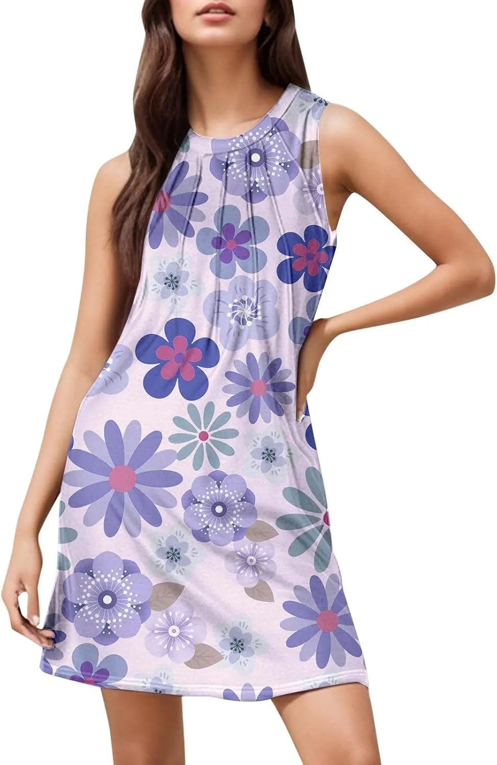 Tank Mini Dress for Women Casual Loose Sleeveless Crewneck Floral Dresses Beach Summer Vacation Short Sundress