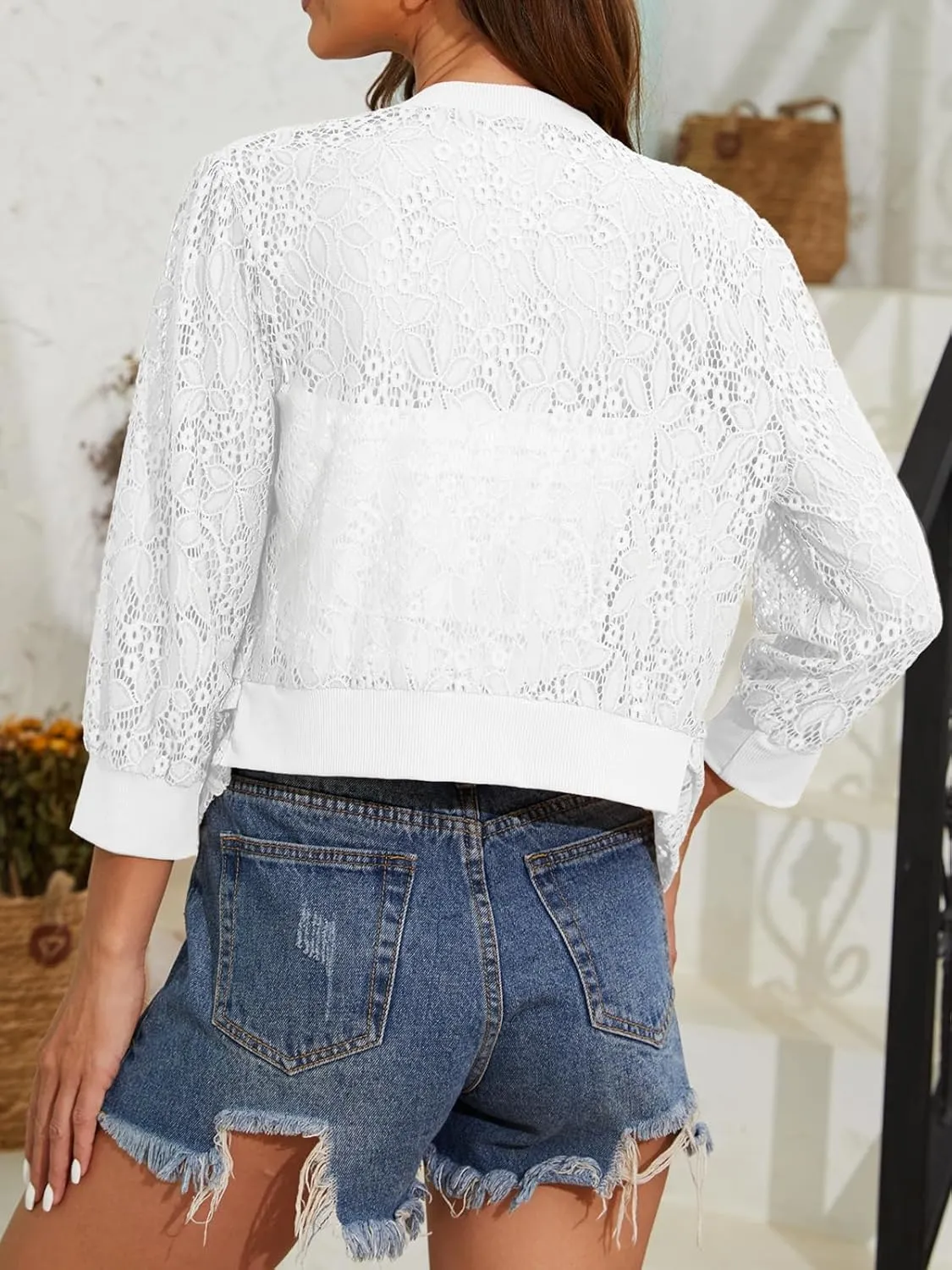 Tanou 2025 Women's Sheer Floral Lace Shrug Cardigans Sweaters Cropped Lightweight 3/4 Sleeves Bolero Shawl