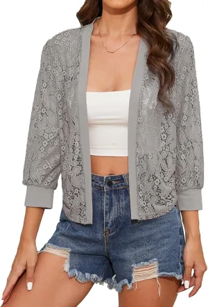 Tanou 2025 Women's Sheer Floral Lace Shrug Cardigans Sweaters Cropped Lightweight 3/4 Sleeves Bolero Shawl