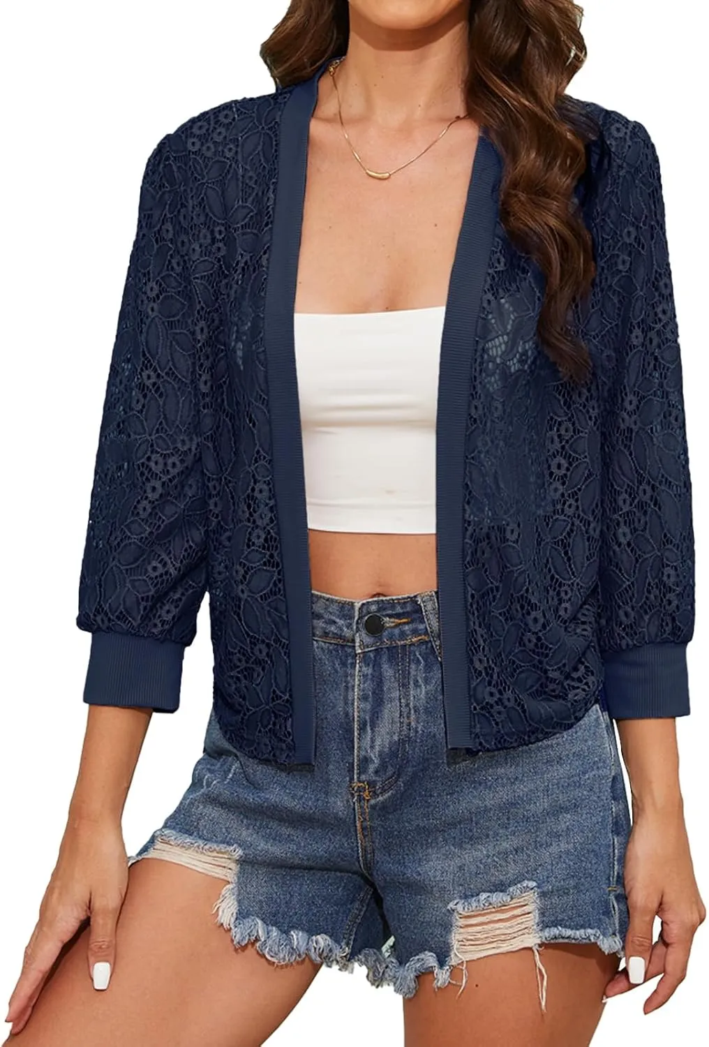 Tanou 2025 Women's Sheer Floral Lace Shrug Cardigans Sweaters Cropped Lightweight 3/4 Sleeves Bolero Shawl