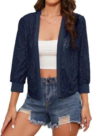 Tanou 2025 Women's Sheer Floral Lace Shrug Cardigans Sweaters Cropped Lightweight 3/4 Sleeves Bolero Shawl