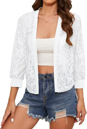 Tanou 2025 Women's Sheer Floral Lace Shrug Cardigans Sweaters Cropped Lightweight 3/4 Sleeves Bolero Shawl