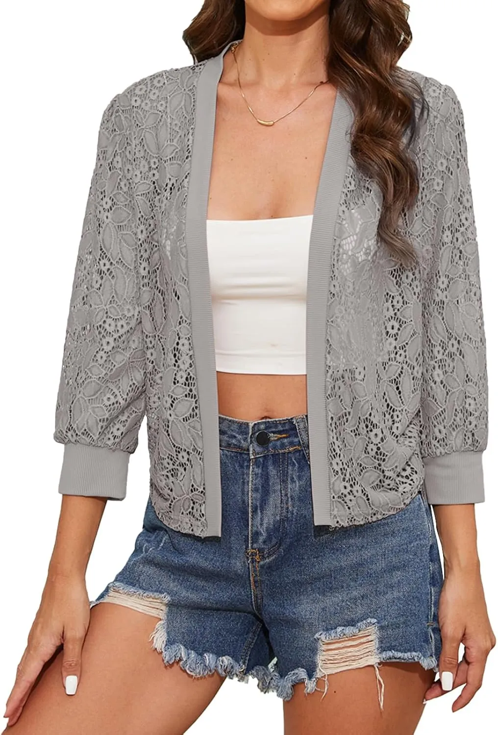 Tanou 2025 Women's Sheer Floral Lace Shrug Cardigans Sweaters Cropped Lightweight 3/4 Sleeves Bolero Shawl