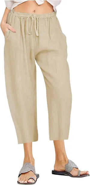 TARIENDY Capris for Women Wide Leg Elastic Waist Drawstring Pants Casual Loose Dressy Palazzo Cropped Trouser with Pockets