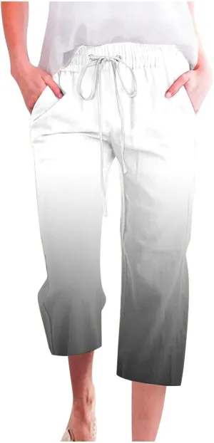TARIENDY Plus Size Capris for Women Women's high Waist Boho Capris Summer Straight Leg Outfits Elastic Drawstring Pants