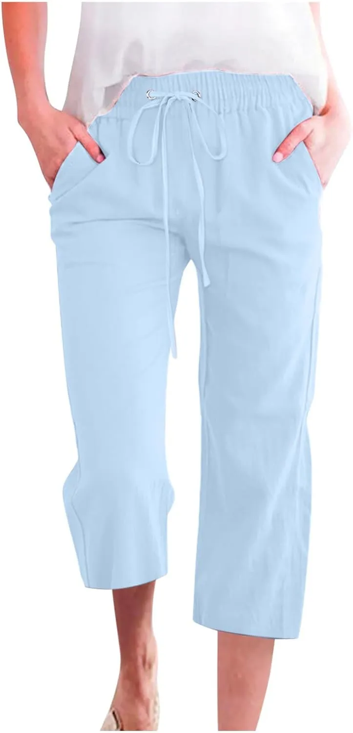 TARIENDY Womens Plus Size Capri Pants Ladies Wide Leg Casual Outfits high Waist Elastic Drawstring Pants Loose Comfy Capris
