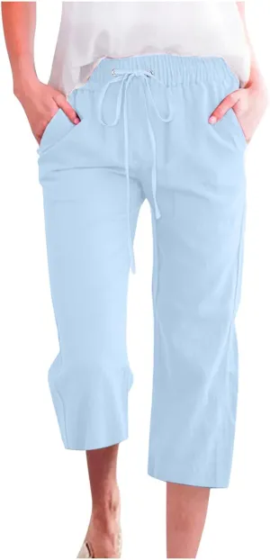 TARIENDY Womens Plus Size Capri Pants Ladies Wide Leg Casual Outfits high Waist Elastic Drawstring Pants Loose Comfy Capris