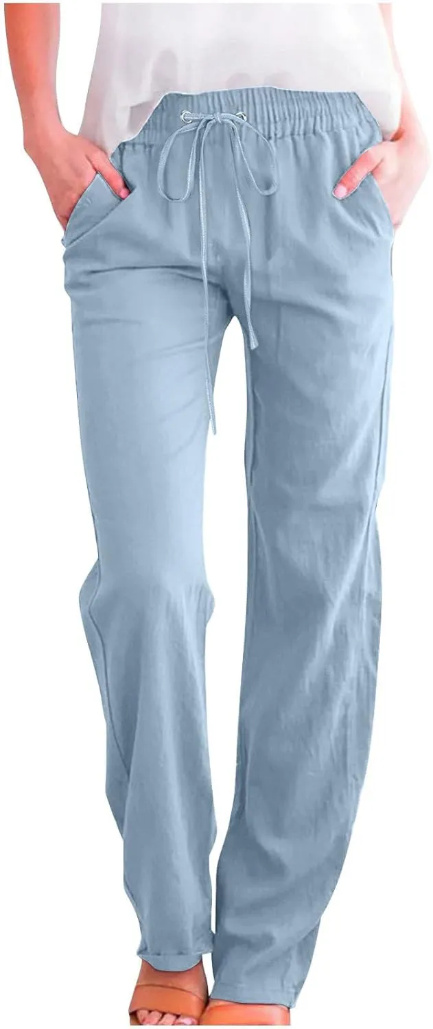TARIENDY Womens Wide Leg Trousers Women's Elastic Drawstring Trousers Comfy Straight Leg Outfits Casual high Waist Pants